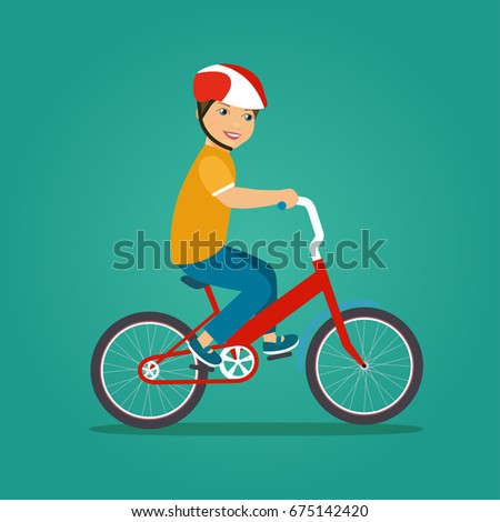 Child boy riding bike isolated. Vector flat illustration