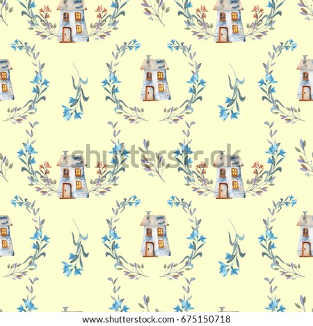 Seamless pattern with watercolor cartoon private houses inside the floral wreaths, hand painted isolated on a yellow background