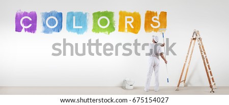 painter man painting colors text isolated on blank white wall background, banner web