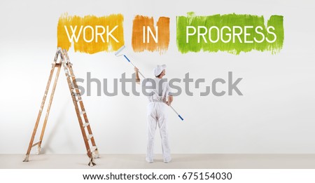 work in progress concept, painter man with paint roller, isolated writing on the blank white wall