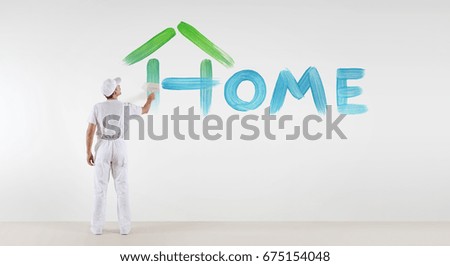 painter man with paint brush painting home text word isolated on blank white wall background, ecology concept