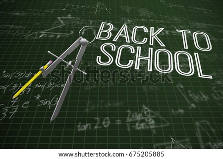 Computer graphic image of drawing compass with pencil against maths problems solved on blackboard