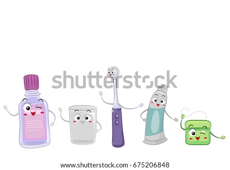 Colorful Mascot Illustration Featuring Objects Commonly Used in Dental Care