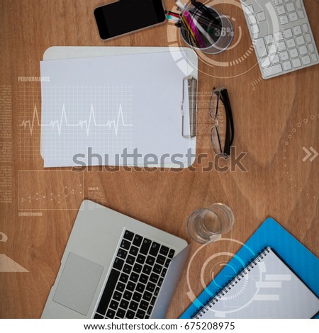 Human fitness illustration over black background against various equipment and technologies on doctors desk in hospital