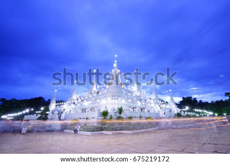 White Pagoda Buddha house in night time at Asokaram temple in Samutprakan provinve of Thailand.