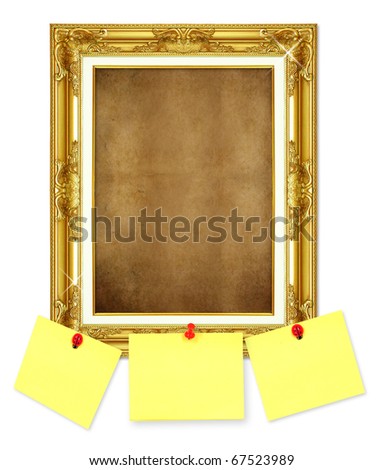 Ancient style golden photo image frame with three yellow memo