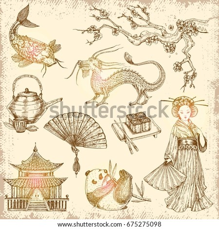 Asian hand drawn elements with fan teapot rolls and chopsticks pagoda dragon on worn background vector illustration