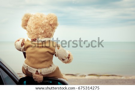 Teddy bear sit alone at the seashore. Vintage picture.