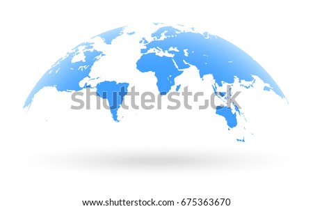 Detailed blue world map, mapped on an open globe, isolated on white background