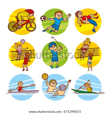 Cartoon kids Sport set Vector Clip Art Illustrations