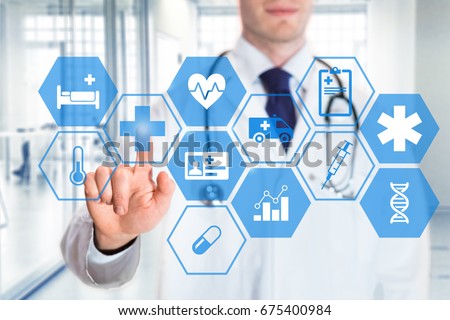 Medical doctor touching icons of health care services on a digital screen, with hospital interior background
