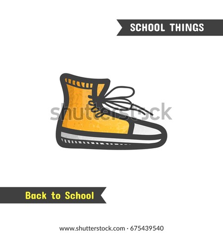 Back to School Supplies, hand drawn icon, isolated on white, cartoon style. Orange gym shoes