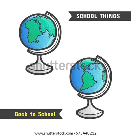 Back to School Supplies, hand drawn icon, isolated on white, cartoon style. Geography symbol, a globe with western and eastern hemispheres