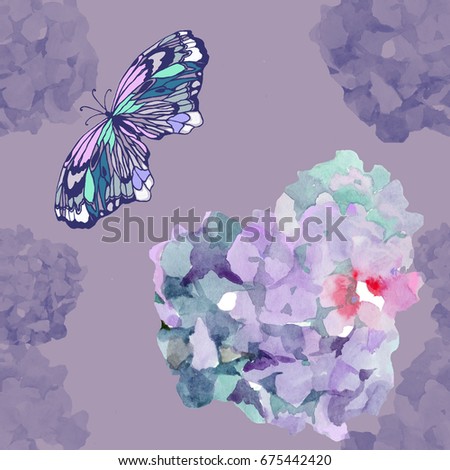 watercolor hydrangea and butterfly hand painting isolated on blue violet violet background seamless pattern for fabrics, paper