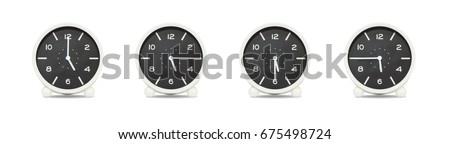 Closeup group of black and white clock for decorate show the time in 5 , 5:15 , 5:30 , 5:45 p.m. isolated on white background , beautiful 4 clock picture in different time