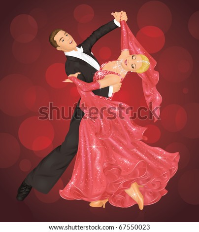 Couple is ballroom dancing on the red background.