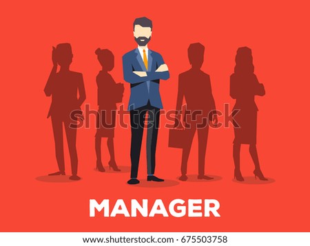 Vector creative illustration of business man with silhouettes of people on red background. The manager is in a suit with a beard. Search for a new manager in business team. Design for business vacancy Royalty-Free Stock Photo #675503758