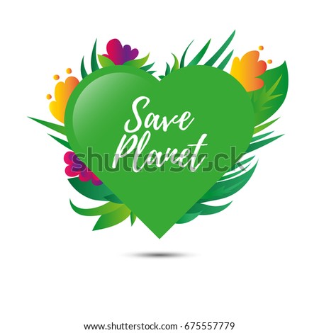 Heart with plants and flowers. Earth day. Save planet. Vector.