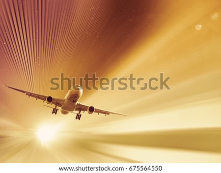 Modern and color picture about flying airplane in the sky