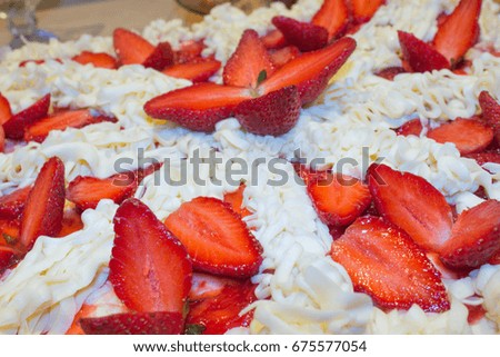 close up - Strawberry and cream sponge cake. Homemade summer dessert, high angle view. cream cake with strawberry