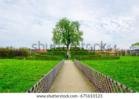View of a small hill situated in the Kvetna zahrada garden in Kromeriz with a tree in the center.
