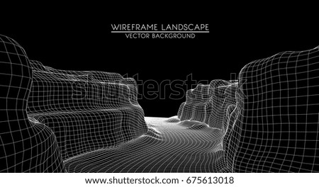 Abstract digital landscape with particles dots and stars on horizon. Wire frame landscape background. Big Data. 3d futuristic vector illustration