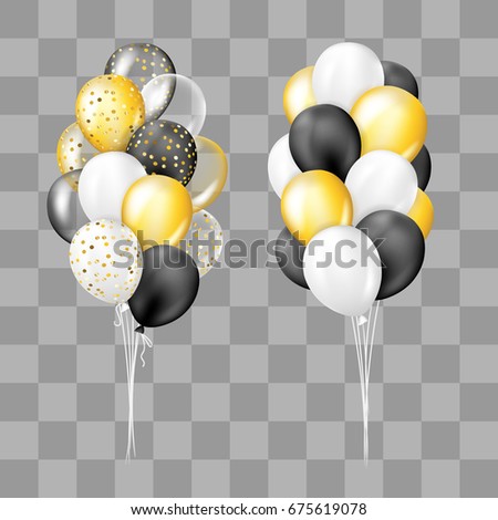 Black, white, gold, transparent and with confetti balloons bunch collection. Decorations in realistic style for birthday, anniversary or party design.