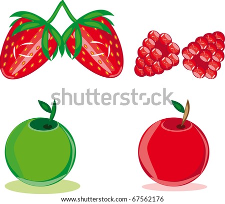 Apple, strawberry and raspberry on the isolated background. Illustration.