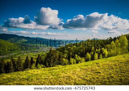 Mountain village from a height Royalty-Free Stock Photo #675725743