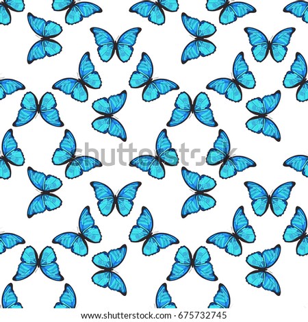 Seamless colorful pattern. Vector background with blue butterflies