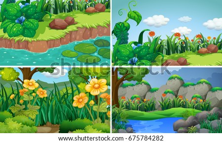 Four scenes with flowers in garden illustration