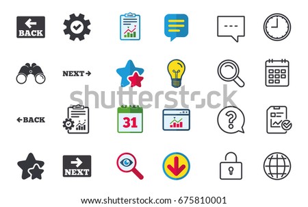 Back and next navigation signs. Arrow direction icons. Chat, Report and Calendar signs. Stars, Statistics and Download icons. Question, Clock and Globe. Vector