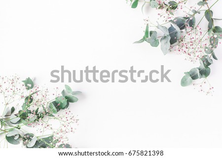 Flowers composition. Frame made of of pink gypsophila flowers and eucalyptus branches on white background. Flat lay, top view, copy space