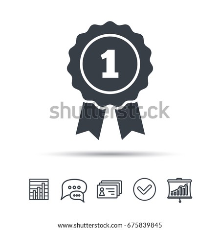 Winner medal icon. Award emblem symbol. Chat speech bubble, chart and presentation signs. Contacts and tick web icons. Vector Royalty-Free Stock Photo #675839845