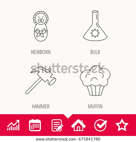 Newborn, muffin and lab bulb icons. Hammer linear sign. Edit document, Calendar and Graph chart signs. Star, Check and House web icons. Vector