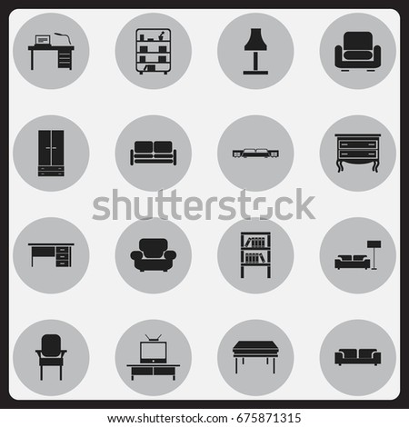 Set Of 16 Editable Furniture Icons. Includes Symbols Such As Divan, Commode, Stillage And More. Can Be Used For Web, Mobile, UI And Infographic Design.