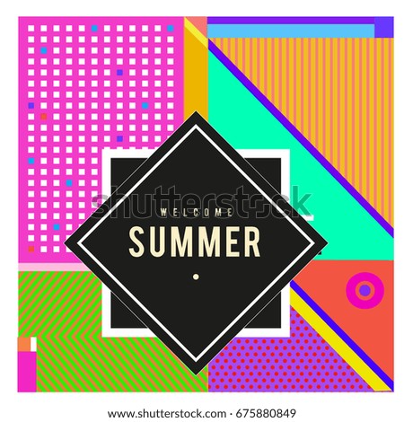 Trendy flat geometric vector banners. Vivid colorful banners in retro poster design style. Vintage colors and shapes Summer holiday theme.
