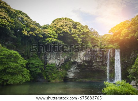 Cheonjiyeon Waterfall is a waterfall on Jeju Island, South Korea. The name Cheonjiyeon means sky. This picture well use in promoting the place for Jeju island, South Korea. Jeju is well-know island.