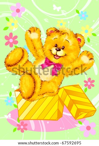 Cute Teddy Bear sitting with gift box  by Freehand drawing.