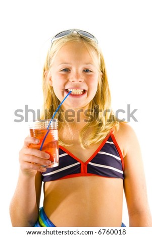 Young girl on the beach with a drink (isolated)