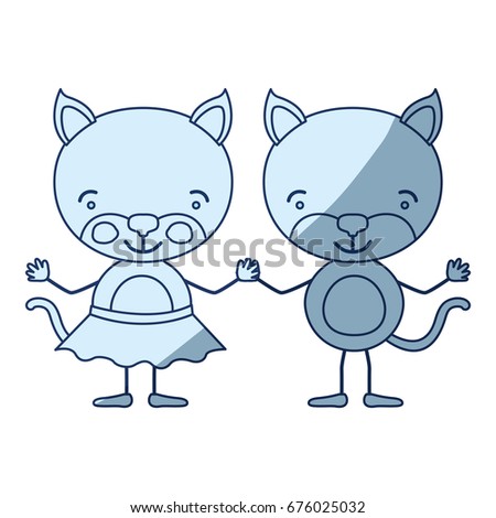 blue color shading silhouette caricature with couple of cats holding hands vector illustration