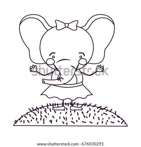 sketch contour scene sky landscape and grass with caricature cute expression female elephant in skirt with bow lace vector illustration