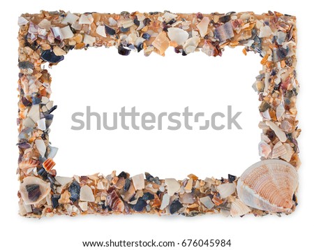 Empty picture frame made with pieces of seashells with blank space inside, isolated on a white background.
