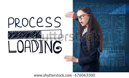 Beauty businesswoman on painted background with marketing words. Advertising, investment and business plan concept