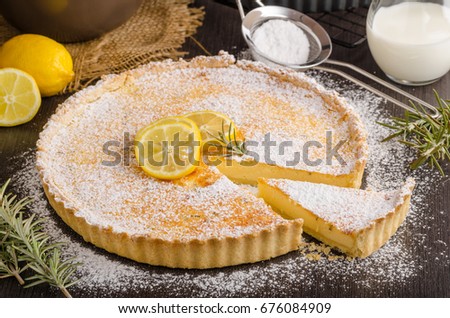 Delish leamon tart, delicious dessert, place for text
