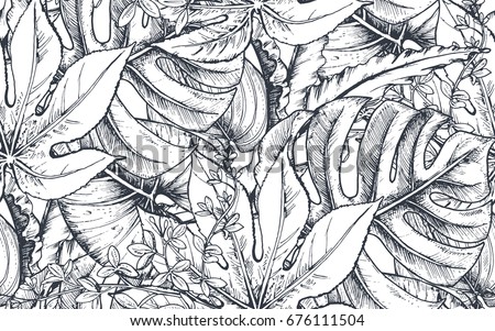 Vector seamless pattern with compositions of hand drawn tropical flowers, palm leaves, jungle plants, paradise bouquet. Beautiful black and white sketched floral endless background