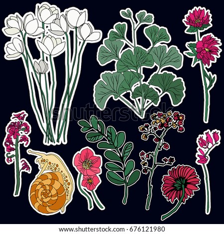 Set of flowers and snail patches elements. Set of stickers, pins, patches and handwritten notes collection in cartoon 80s-90s comic style.Vector stikers kit