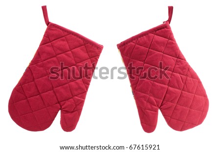 Two red kitchen oven gloves or mittens to protect hands from hot objects, isolated on white background, horizontal orientation, nobody. Royalty-Free Stock Photo #67615921