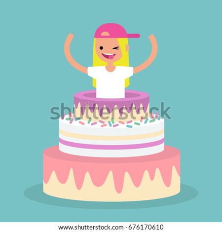 Young female character jumping out of a cake / flat editable vector illustration, clip art
