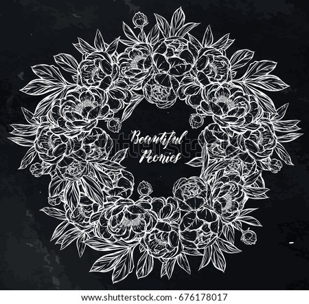 Vector illustration. Beautiful Peonies. Handmade, background chalkboard, prints on T-shirts, tattoos, wreath